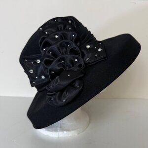 Elegant Formal Hat Black Wool Wide Turn Down Brim Satin Ribbon Rhinestone Bow